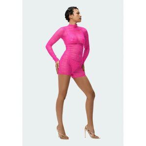ADIDAS x IVY PARK Hot Pink Sheer Ruched Mesh Long Sleeve Romper, Size M